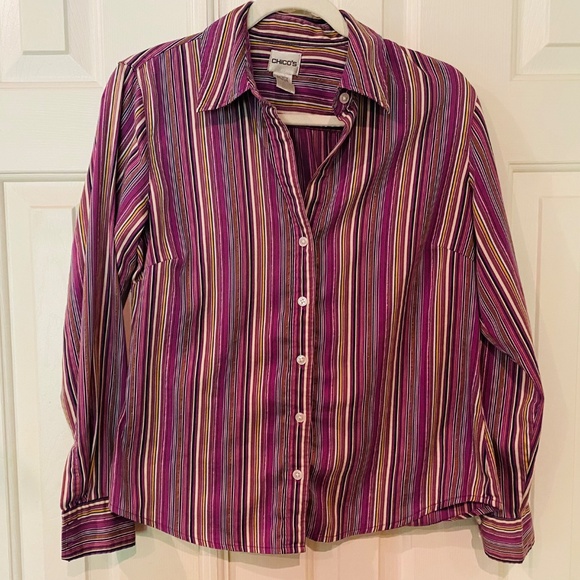 💜 💚Chico’s Long Sleeve White, Black, Purple & Green Striped Button Down Blouse - Picture 2 of 7